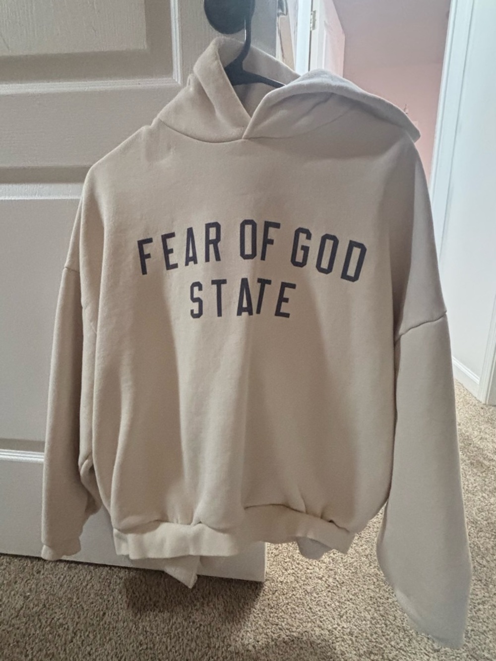 Essentials Cream Crewneck Sweatshirt with Purple Chest Lettering